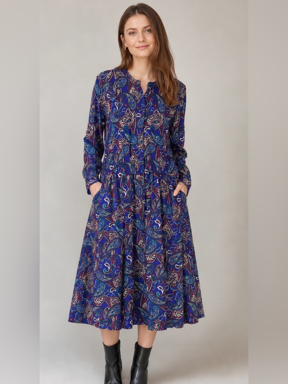 Vintage Liz Claiborne Long Sleeve Paisley pleated button front Dress Size 8